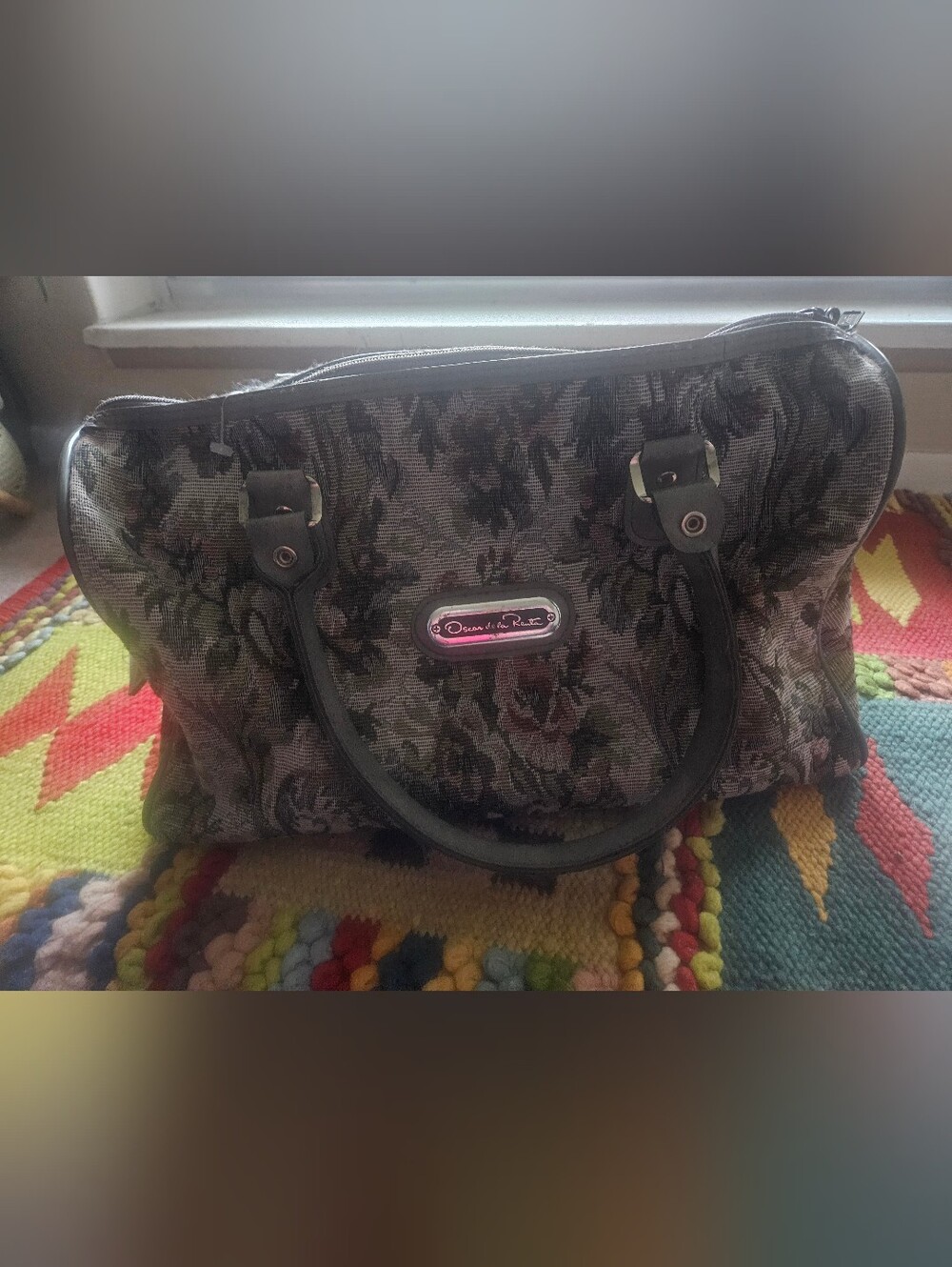 Vintage Oscar de la Renta Gray floral tapestry travel duffle bag